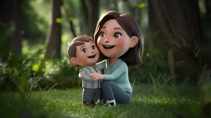 A 3D cute of a mother and son character acting happy.
