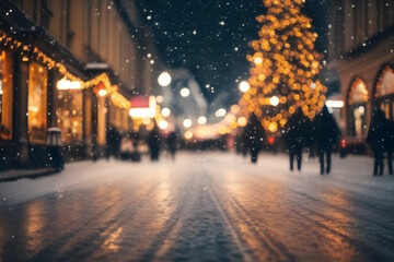A mesmerizing scene captures the festive ambiance of a snowfall-laden city street, adorned with twinkling Christmas lights and bustling shoppers in the background.