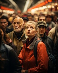 Fototapeta premium A woman in a red jacket stands amidst a crowded train station, looking up with a thoughtful expression.