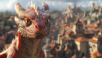 Friendly red dragon with golden scales looking at camera, city in background.
