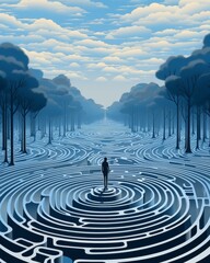 A solitary figure stands in the center of a complex landscape maze with tall trees and a serene sky filled with clouds, symbolizing journey.