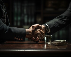Businessmen shaking hands over a deal, with money and a drink on the table, symbolizing agreement, negotiation, or contract signing.