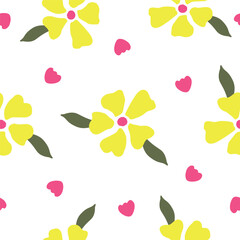 Floral seamless repeat pattern with hand drawn yellow daisy flowers on white background. Vector illustration. No AI generated content in this pattern.