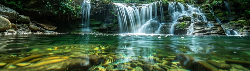 Obraz premium A detailed shot of a small waterfall cascading into a crystal-clear pool, with the water surface reflecting the surrounding rocks and foliage, with copy space.