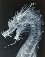An x-ray style illustration of a majestic white dragon on a stark black background