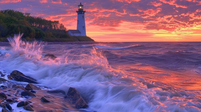 Stunning sunset over an ocean lighthouse with crashing waves and dramatic clouds, creating a breathtaking scenic view.
