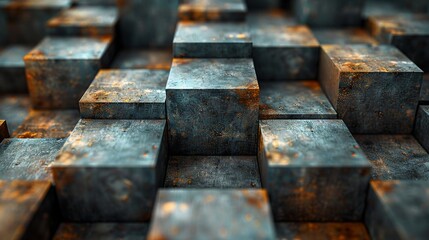 Close-up of a 3D rendering of aged metal cubes with rusty textures and a moody backdrop