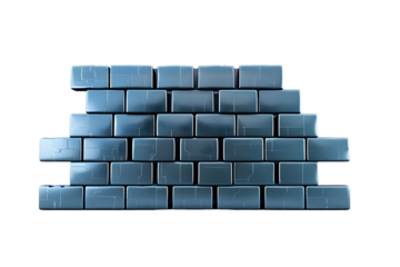 A digitally rendered wall of blue bricks, isolated on a Di cut. The bricks are arranged in a staggered pattern