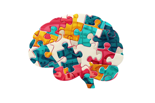 A colorful brain shape filled with puzzle pieces, representing the complexity of thought and learning.