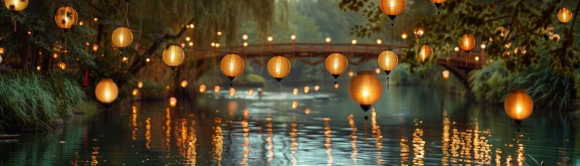 A serene view of a river decorated with floating lanterns for a local festival, creating a magical atmosphere with reflections on the water, with copy space.