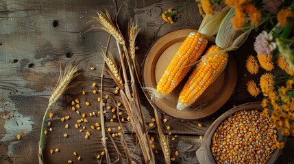 Corn in a yellow color placed on a table made of wood - Powered by Adobe