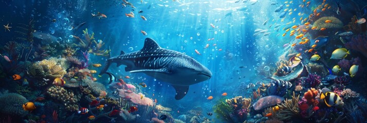 Animals of the underwater sea world. Ecosystem. Colorful tropical fish. Life in the coral reef