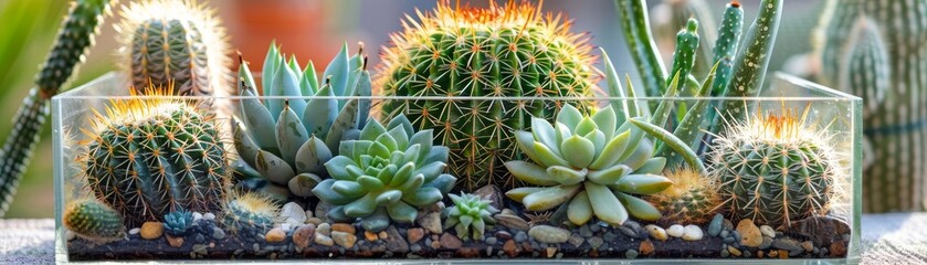 Fototapeta premium A detailed shot of a succulent terrarium with various cacti and succulents in a glass container, arranged beautifully with decorative stones, with copy space.
