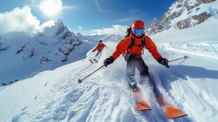 Two skiers in bright gear perform dynamic turns on a pristine snowy mountain under a clear blue sky
