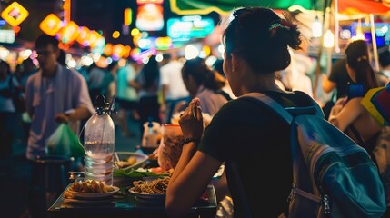 Backpacker at a night market, close-up on tasting street food, neon signs and lively crowd