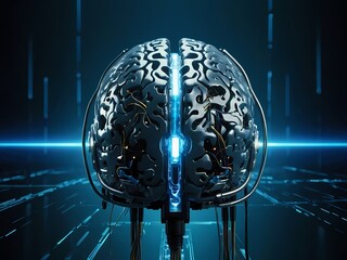 A brain with electric currents, 3D brain, A brain with lightning currents of electricity.