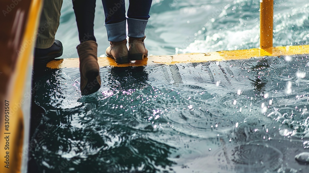 Sticker Tourist boarding a ferry, close-up on feet stepping onto the deck, sparkling water beneath