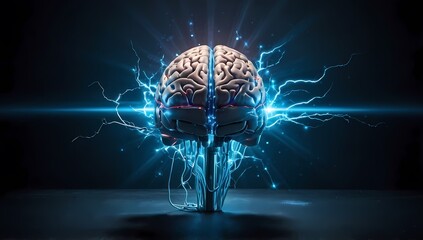 A brain with electric currents, 3D brain, A brain with lightning currents of electricity.
