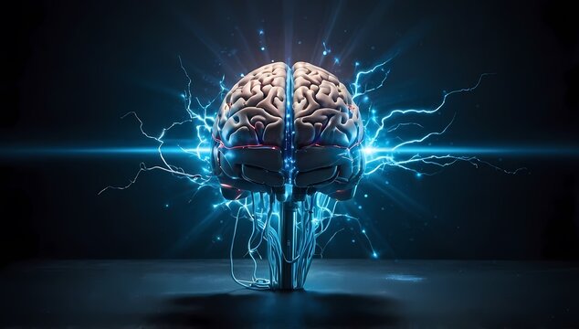A brain with electric currents, 3D brain, A brain with lightning currents of electricity.