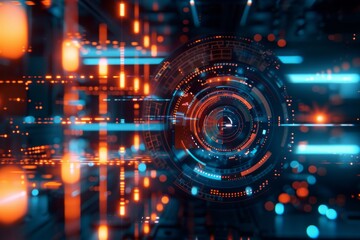 High-tech head-up display (HUD) with neon circular patterns and digital elements symbolizing advanced technology