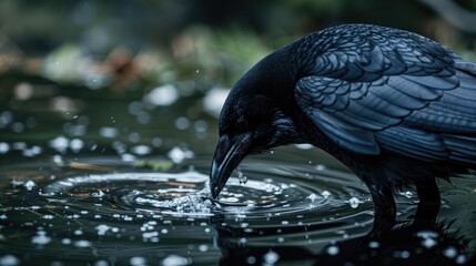 Crow of black color drinking water - Powered by Adobe