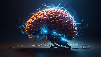 A brain with electric currents, 3D brain, A brain with lightning currents of electricity.