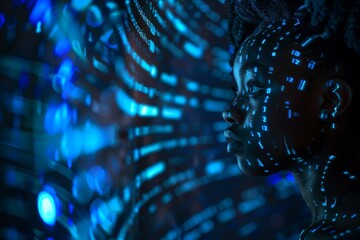 Portrait of a woman with digital code projected on her face, symbolizing the fusion of human and technology