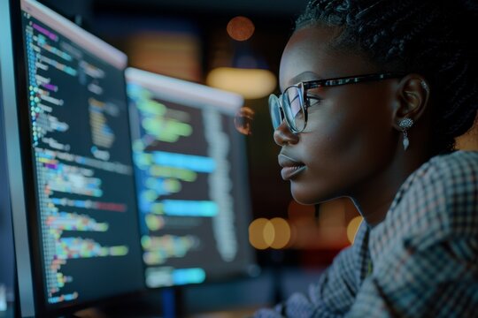 An individual programmer working late, focused on multiple monitors with code displayed, indicating a tech work environment