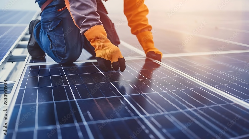 Poster Service engineer checking solar cell on the roof for maintenance if there is a damaged part Engineer worker install solar panel Clean energy concept : Generative AI