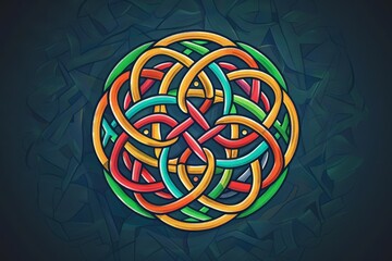 Colorful intricate knot design dark geometric background, showcasing vibrant interwoven elements circular pattern.