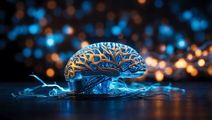 A brain with electric currents, 3D brain, A brain with lightning currents of electricity.