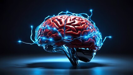A brain with electric currents, 3D brain, A brain with lightning currents of electricity.
