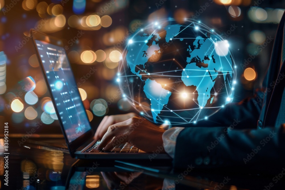 Poster a concept image visualizing global connectivity with a user working on a laptop and network graphics