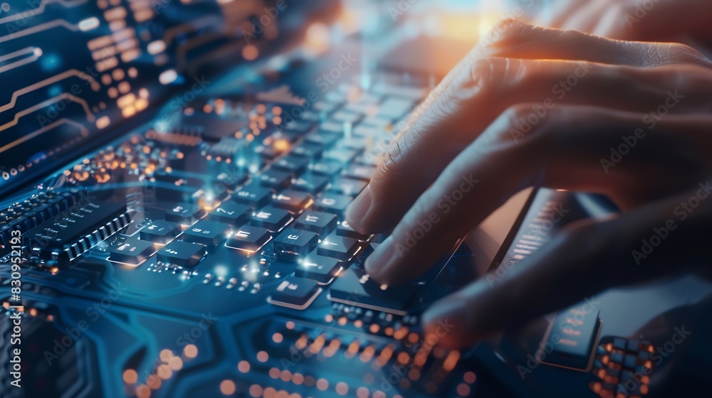Poster Cyber security IT engineer working on protecting network against cyberattack from hackers on internet Secure access for online privacy and personal data protection Hands typing on keyb : Generative AI