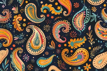 Obraz premium Colorful paisley pattern on dark background with floral and leaf elements, perfect for textile, wallpaper, or background design.