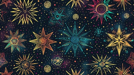 Colorful star patterns against a dark background creating an enchanting celestial design perfect for artistic and decorative purposes.
