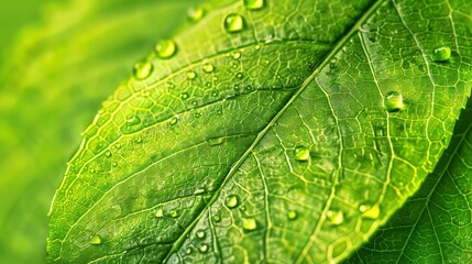 A close-up of a vibrant green leaf with visible veins and water droplets, symbolizing renewable energy and environmental conservation, with copy space.