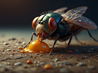 A bluebottle fly sucks up bits of yellow liquid with its piercing mouth. - Powered by Adobe