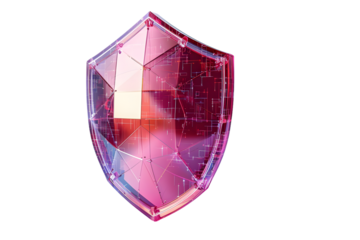 A glowing, polygonal shield with digital patterns, representing security and protection.