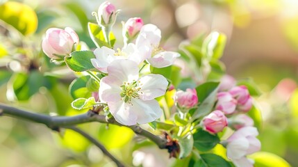 Apple tree buds of pink and white flowers on a branch in the spring Blooming garden in springtime Beauty in nature Copy space Plant cultivation Orchard in bloom May scenery : Generative AI