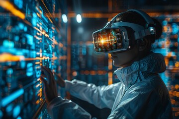 A person in futuristic gear uses a VR headset in front of a complex control panel, suggesting high technology and virtual reality