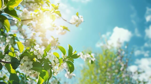 Apple garden with blossom apple trees Beautiful Countryside spring landscape Scene with Apple trees in sunny spring day on blue sky background : Generative AI