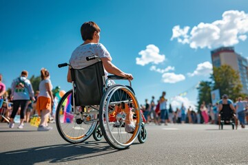 Fototapeta premium Young individual in wheelchair with colorful spokes at an outdoor public event