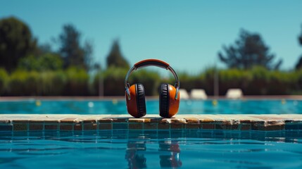 A pair of headphones is sitting on a ledge in a pool