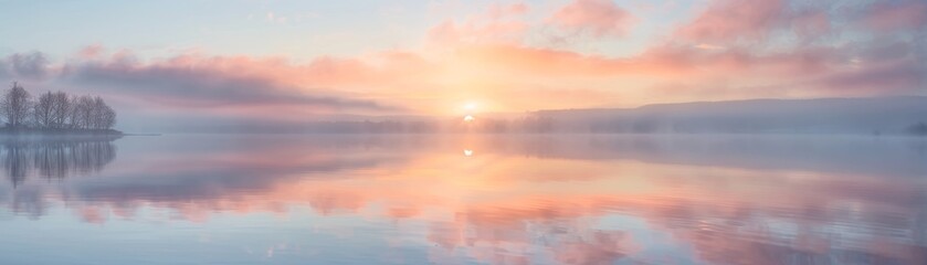 A tranquil sunrise over a misty lake with soft pastel colors reflecting on the still water, evoking a sense of calm and serenity, with copy space.