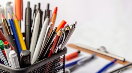 Fototapeta premium A detailed shot of a stylish desk organizer filled with pens, pencils, and office supplies, neatly arranged on a minimalist surface, with copy space.
