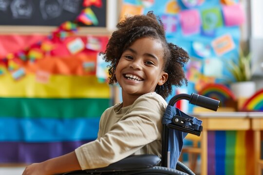 A smiling young girl in a wheelchair enjoying her time at school with a colorful background