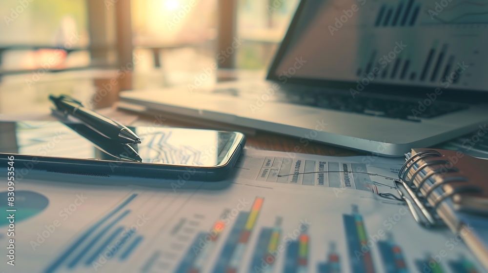 Aufkleber business documents  with smart phone and laptop computer and graph financial with social network diagram : Generative AI