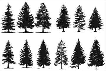 Christmas trees silhouettes, Christmas trees pictogram set, Pine tree silhouette, Silhouette of pine trees, Forest fir trees, Forest, Pine, Tree, Nature, Pine tree, Christmas tree, Decorated tree