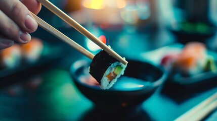 Hand holding bamboo chopsticks a elegant piece of sushi while soaking it in soy sauce at restaurant Front view Japanese cuisine concept : Generative AI